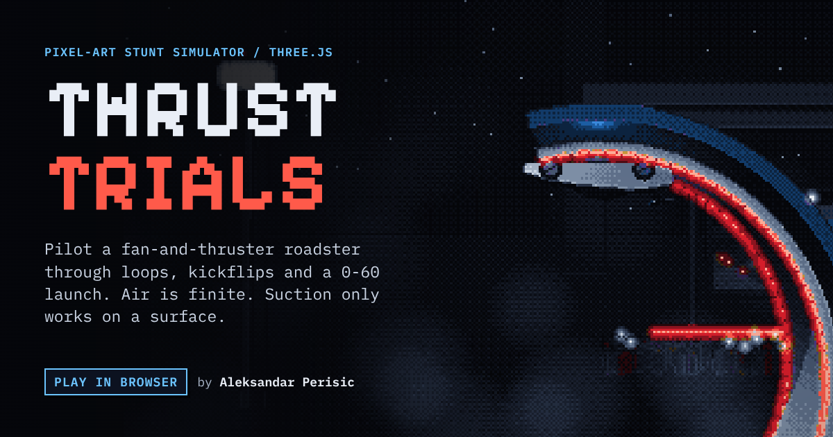 Thrust Trials title card: a pixel-art roadster driving upside down through a red and blue inversion loop at night.